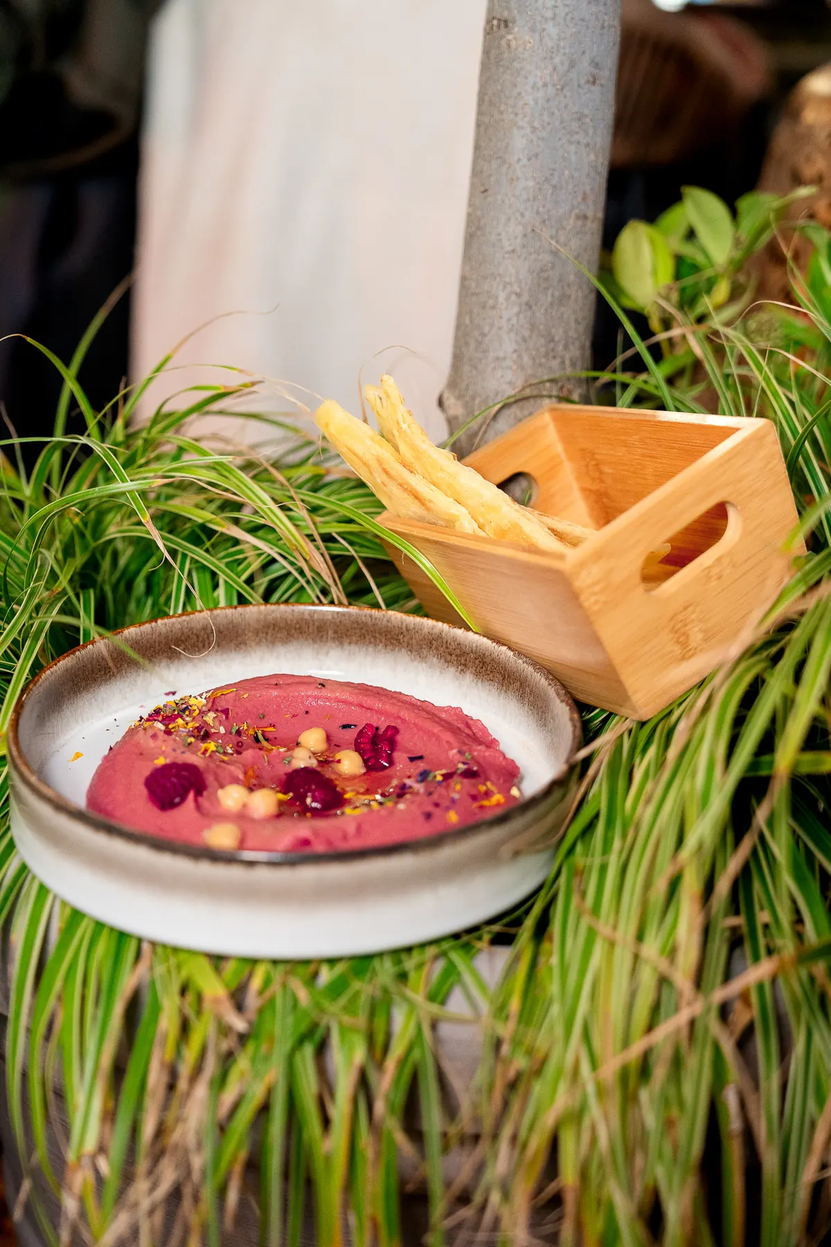 Hummus colorato accompagnato da msemmen